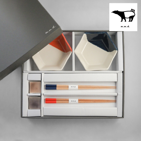 m.m.d. 中鉢2枚＋箸置き2個＋箸2膳セット 朱＋ルリ