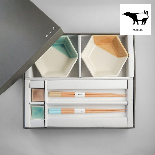 m.m.d. 中鉢2枚＋箸置き2個＋箸2膳セット 黄彩＋青磁