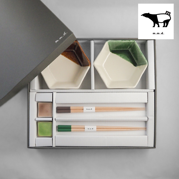 m.m.d. 中鉢2枚＋箸置き2個＋箸2膳セット アメ＋織部