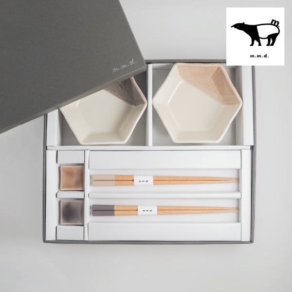 m.m.d. 中鉢2枚＋箸置き2個＋箸2膳セット ローズ＋グレーパープル